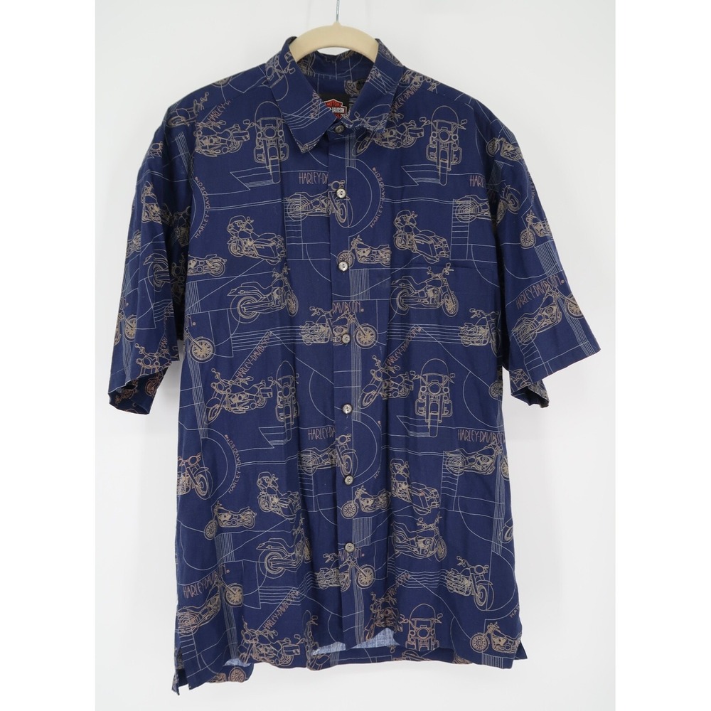 Harley Davidson Mens Small Navy Hawaiian Motorcycle Print Bike Camp‎ Shirt